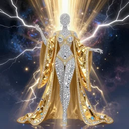 full body made of diamonds , wearing a golden koftan ,thunder, shining light, nebulas, god rays by Karol Bak, Ayami Kojima, Amano and Olivier Ledroit