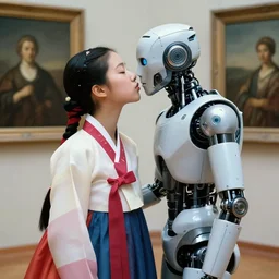 long shot, kiss of a robot and a young korean girl wearing a traditional dress on the background of the paintings in louvre, 1 9 9 0 photo from vogue magazine, futuristic cyberpunk fashion, sharp focus, realistic, 8 k