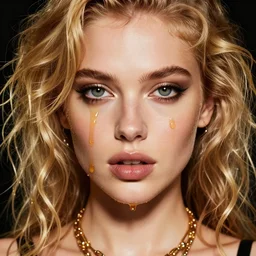 face portrait of sexy provocative wet girl, witch, covered in honey, by mike dargas, blonde, curly hair, clean face, slutty make up, symmetrical face, looking straight, smooth skin, jewelry, ecstasy, cute, fashion editorial photography, from vogue magazine, ultra realistic, reflections, from eyes wide shut movie