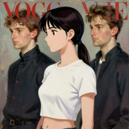 anime, fashion, vogue, elle, oil painting, trending on artstation, john singer sargent, greg rutkowski, crop top, intricate, side profile