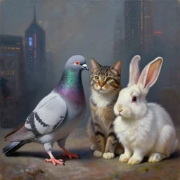 A pigeon, cat and rabbit, oil painting, cyberpunk, 4k, soft lightning, in the style of Jeremy Mann, magical realism