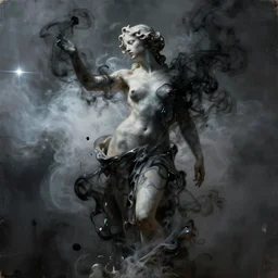 concept art of abstract beautiful female sculp mixing with black smoke, liquid acrylic painting, lens flare, clouds, masterpiece of renaissance sculpture. artstation concept art, matte painting. ambient and neonoir. cinematic light and volumetric fog.
