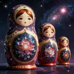 russian dolls in cosmos with nebulas, galaxies and supernovas, concept art for a Hollywood movie