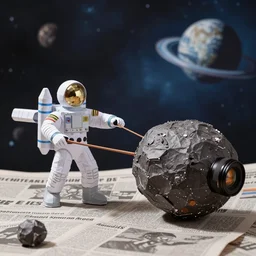 a space admiral towing an asteroid, space backdrop, everything made of papier - mache canon 5 d 5 0 mm lens, diorama, newspaper,