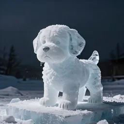 A partly melted ice sculpture of a sad puppy, photography