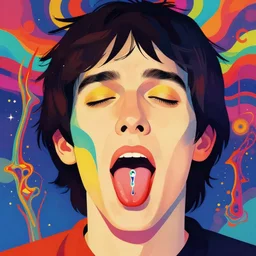 a colorful vibrant closeup portrait of a musician licking a tab of lsd acid on his tongue and dreaming psychedelic hallucinations, by kawase hasui, moebius, edward hopper and james gilleard, zdzislaw beksinski, steven outram colorful flat surreal design, hd, 8 k, artstation