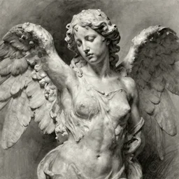 a sculpture of a winged angel's torso, very detailed charcoal portrait by frank auerbach