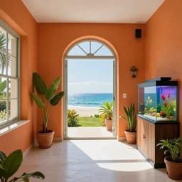 a room of a villa with orange walls white floor plants, colorful aquarium, a big window with a view of the beach and sea, beautiful cinematic masterpiece very detailed
