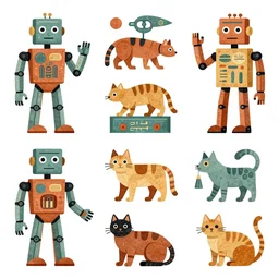 few maya hieroglyphs with robots and cats, colored, white background