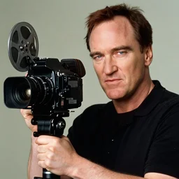 high quality photo of aQuentin tarantino holding a 16 mm camera