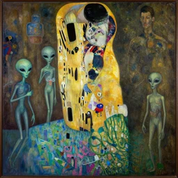 a painting of guernica with aliens and robots by graham sutherland, egon schiele, gustav klimt, expressionism, 3 d, octane render