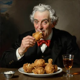 Colonel Sanders eating fried chicken. Painted by Caravaggio, high detail