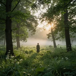 a lush forest meadow in summer, sunrise, mist, a elf stands quietly and watches the sun rise
