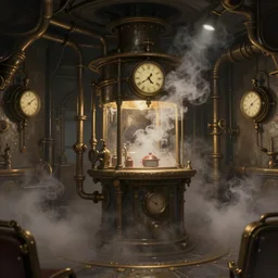 inside a steampunk steam room with pipes and clocks, misty steam by Anato Finnstark, artstation behance