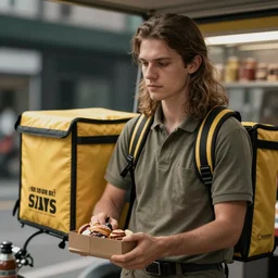 long - haired, short food delivery guy, concept art by jama jurabaev, cinematic shot, trending on artstation, high quality