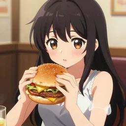 a cheeseburger as an anime girl, anime, detailed, pixiv