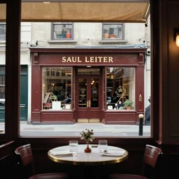 award winning photo of a shop in a street in new york, view from a restaurant's window through a table, by saul leiter, color photography, wide view, ultra detailed, beautiful, real, extremely precise, elegant