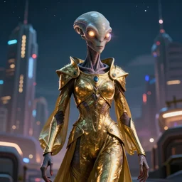 closeup of an alien with beautiful glowing eyes, beautiful strange skin, wearing a long flowing cloth shirt over stylish large futuristic golden armor suit walking to an outpost with tall buildings and lights in the background, night sky with stars, beautiful colorful, incredible detail, anamorphic 2 0 mm lens cinematic flare