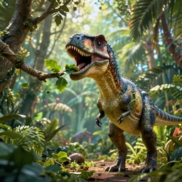 jurassic park scene of dinosaur eating leaves from a tree branch in a vibrant mesozoic era jungle, illumination, detail, cinematic lighting, 4 k, jurassic world, vray render