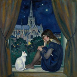 sad woman and white cat with city with gothic cathedral and tall trees seen from a window frame with curtains. dark indigo blue, turquoise, gold, earth brown. night with glowing stars. delville jean, henri de toulouse - lautrec, utamaro, matisse, monet