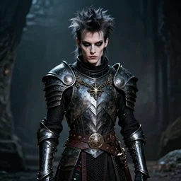 portrait of a skinny punk goth sorceror wearing armor by frank fazetta, fantasy, barbarian, hardcore