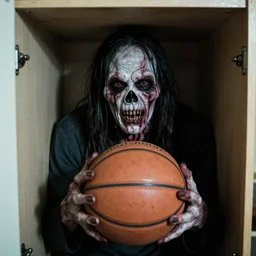 grainy photo of a basketball as a creepy monster in a closet, harsh flash