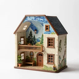 mosaic dollhouse, photorealistic, isolated on a pure white background, centered, entire object in frame, sharp focus, soft studio lighting