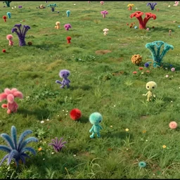 vhs footage of a colorful alien world, with expanse fields of green grass, and colorful fuzzy creatures roaming in it, and lots of weird alien plants dotted through the field