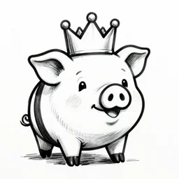 black and white ink marker cartoon sketch of a pig in a crown by beeple