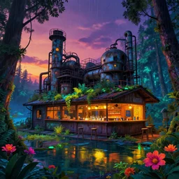 a beautiful ultradetailed render of industrial architecture abandoned urbex carriage house by buckminster fuller, lake magic realism thermal vision forest scumm bar tokyo at night uv light rainforest thermal imaging sunset lightpaint at dusk dramatic lighting flowers cyberpunk at dawn, archdaily, wallpaper, highly detailed, trending on artstation.