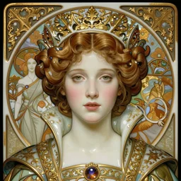 artwork by james jean, beautiful young medieval queen by james jean, jean delville, iris van herpen, raymond swanland and alphonse mucha, face centered portrait, highly detailed, hyper - real, smooth polished porcelain, art nouveau, ornate gothic icon with heavy patina