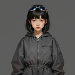 portrait of a girl by greg rutkowski, she is about 2 0 years old, mixture between russian and japanese, prettt, black bob hair with two strands around her face, googles on her forehead, wearing a oversized jumper jumpsuit, highly detailed portrait, digital painting, artstation, concept art, smooth, sharp foccus ilustration, artstation hq