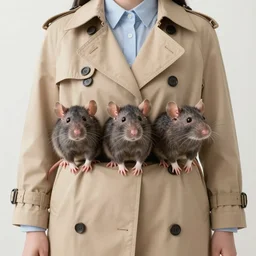 photorealistic art of three rats standing on each others shoulders wearing a trench coat disguised as a person