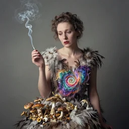 photographic portrait of sad max ernst woman swan dried melting floral fungus with spiraling cigarette smoke, wearing a dress made of feathers, colorful helix nebula, in fog