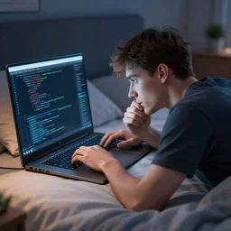 man lying in bed and thinking of coding, hyper realistic, 4 k, rendering, unreal engine