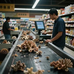 dead coral on conveyor belt being scanned by checkout assistant at supermarket checkout, very detailed