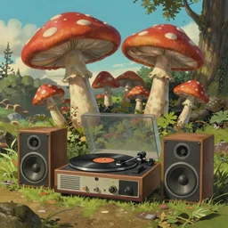 A realistic painting of a vintage record player and speakers, with giant psychedelic mushrooms growing out of it, in a post apocalyptic park, daytime, ghibli, unreal 5, DAZ, hyperrealistic, octane render, RPG portrait, dynamic lighting