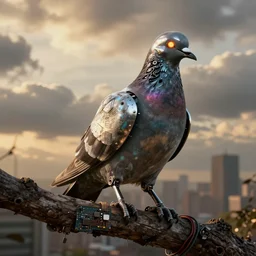 robotic scifi pigeon with chrome beak, metal wings, glowing eye, perched on a tree branch, golden hour, intense clouds, city background, electronics circuit board and wires, panels and rivets, iridescent, grunge and dirt, sharp details, subdued color, octane render, designed by lamborghini and tesla, imax