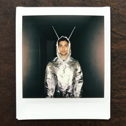 polaroid, man standing wrapped in aluminum foil, long antennas, illuminated eyes, dimly lit hallway
