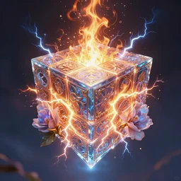 symmetry!! close - up a huge fire lightning ice hybrid magic of magic squares levitate, floral!, elegant, highly detailed, magic surge, intricate, unreal engine 5, concept art ， by greg rutkowski, loish, highly rendered, digital painting, artstation hq
