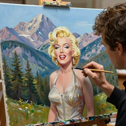 a closeup photorealistic photograph of bob ross working on a canvas painting of marilyn manson. mountain scape. happy trees. film still. brightly lit scene. this 4 k hd image is trending on artstation, featured on behance, well - rendered, extra crisp, features intricate detail, epic composition and the style of unreal engine.