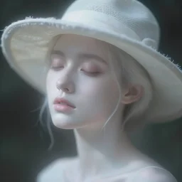 out of focus photorealistic portrait of a beautiful!!!! pale young woman by sarah moon, very blurry, translucent white skin, closed eyes, foggy, closeup, with a weird hat