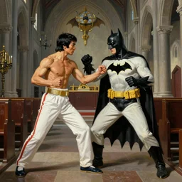 a photograph of batman fighting yip man, painted by norman rockwell, inside a church