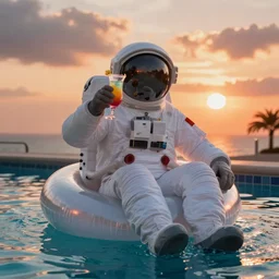 astronaut sitting on an inflatable ring in a swimming pool, drinking a colored cocktail, at sunset