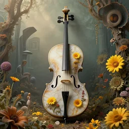 a magical cello made of marble, 🌼🌻🍂, 8 k, matte painting, early morning light, cinematic light, in the style of mark ryden and mc escher and ernst haeckel,