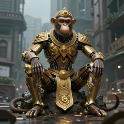 high quality 3 d render brutalist cyborg! man monkey hybrid sitting, gold madhubani, highly detailed, cyberpunk!! mumbai in the background, unreal engine cinematic smooth, szukalski & blade runner, moody light, low angle, uhd 8 k, sharp focus