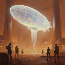 dramatic perspective a minimalist bioluminescent oil painting by donato giancola, chris foss, warm coloured, cinematic scifi luxurious futuristic foggy steam filled spaceport with giant bright translucent cephalopod zeppelin cyborg with microscopy, gigantic pillars, maschinen krieger, beeple, the matrix, star wars, ilm, star citizen, mass effect, artstation, atmospheric perspective