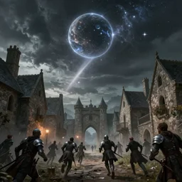 meteor seconds before impact in a medieval town, foreboding, people running away, concept art, trending, high detail, high resolution, fantasy, knights