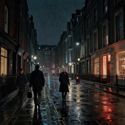 concept art, dark wet london street at night by roger deakins, in the style of syd mead and liam wong
