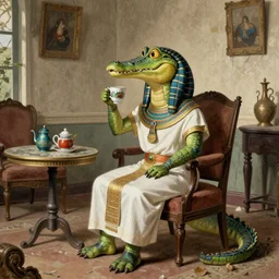 anthropomorphic crocodile in traditional Egyptian garb drinking tea in an abandoned Victorian parlor, Norman Rockwell